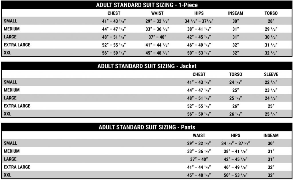 Adult Suit Sizing Chart